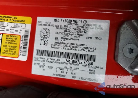 2018 Ford Mustang z USA, uszkodzony, nr VIN 1FA6P8TH7J5160800